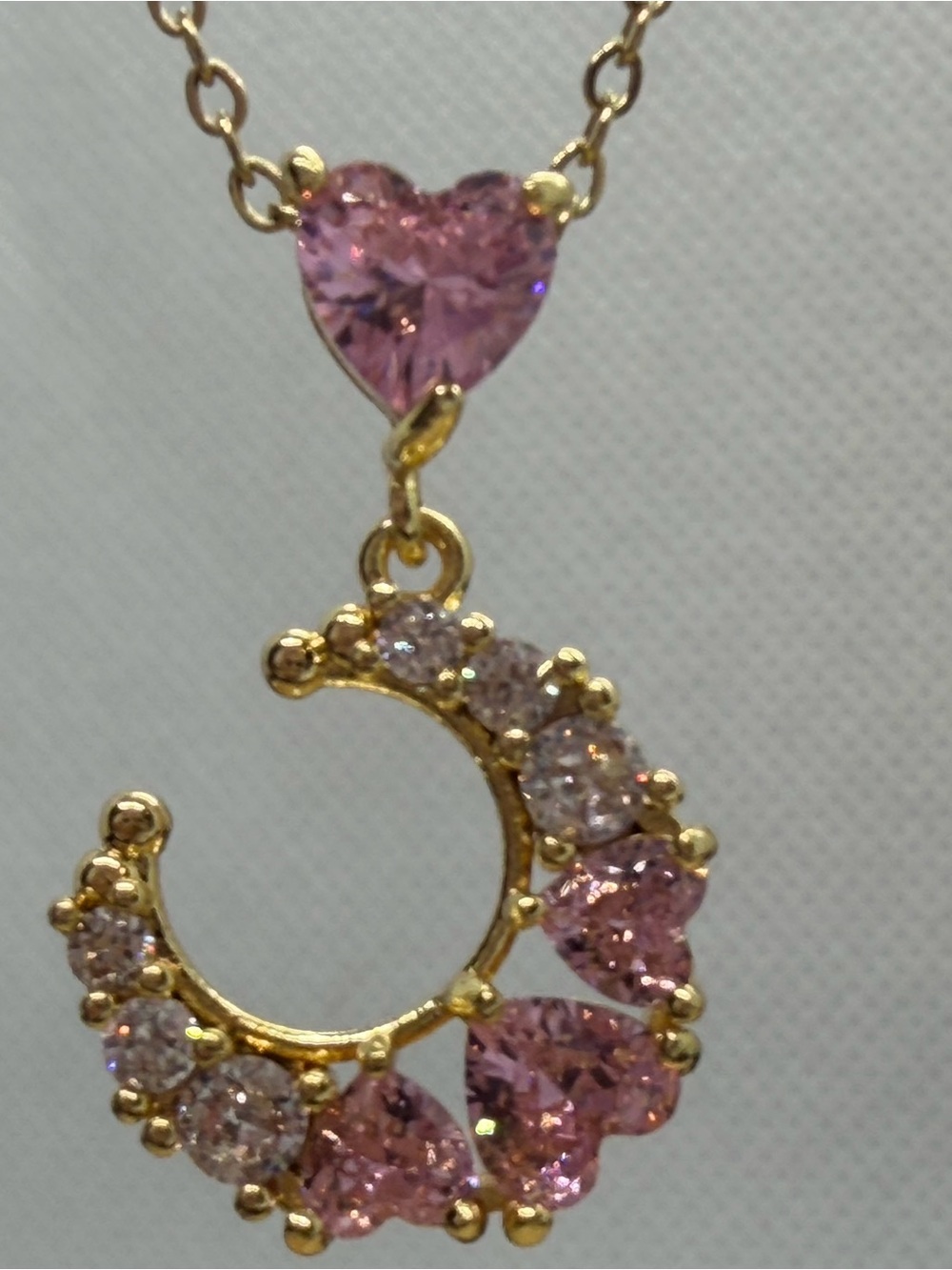 Gold-Plated Pink Heart & Crescent Pendant Necklace